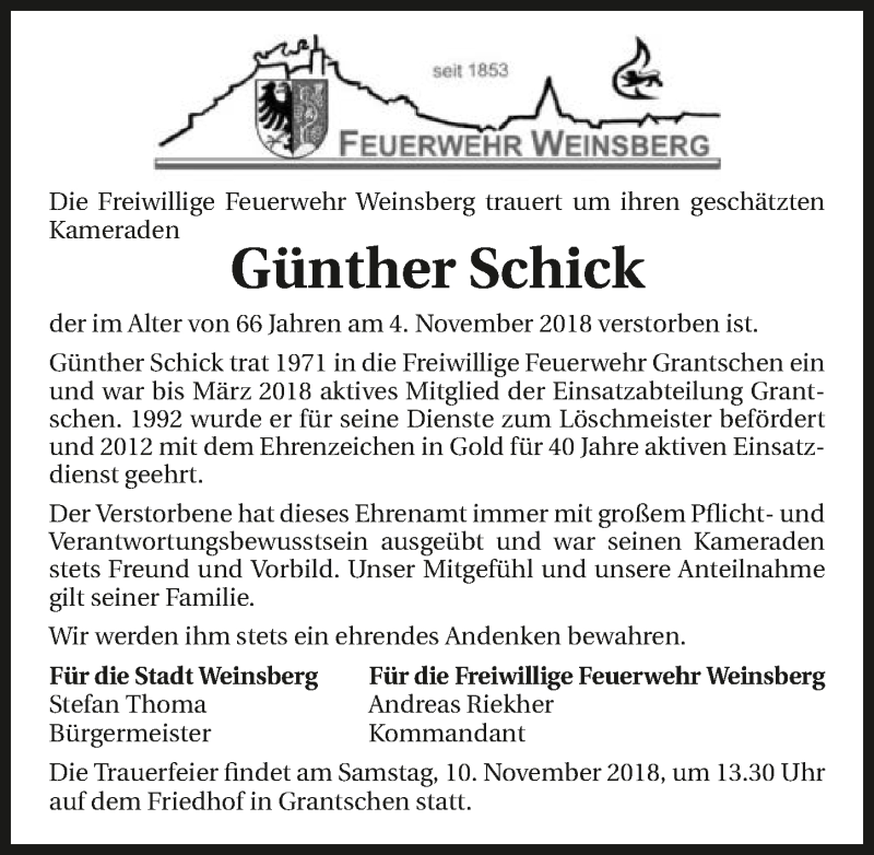  Traueranzeige für Günther Schick vom 09.11.2018 aus 