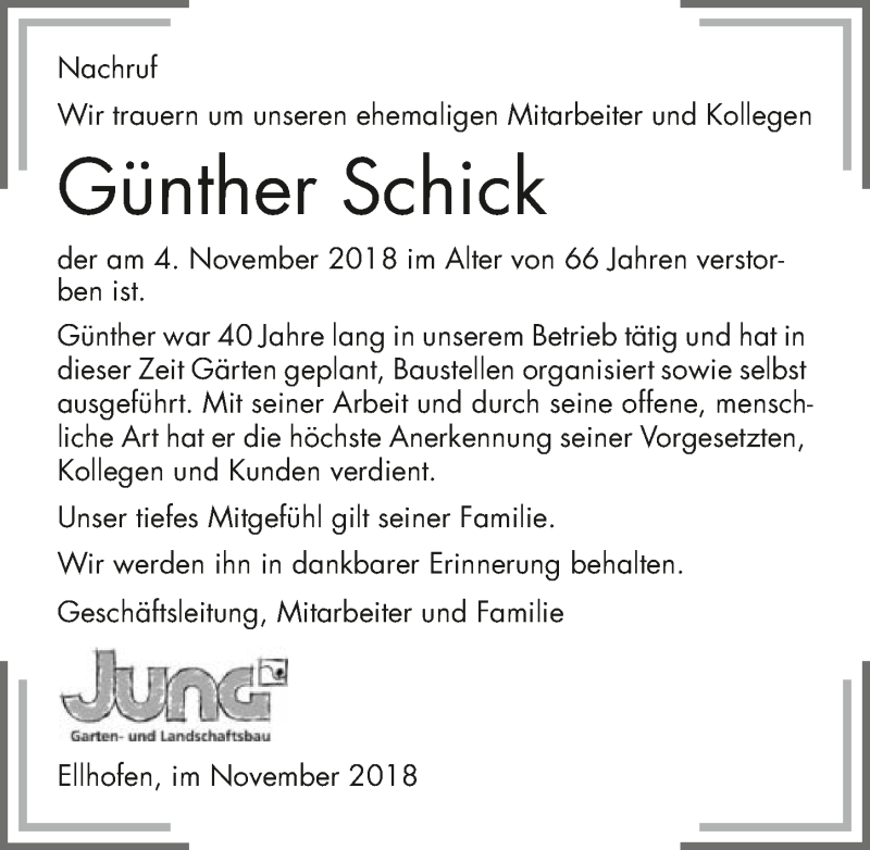  Traueranzeige für Günther Schick vom 09.11.2018 aus 