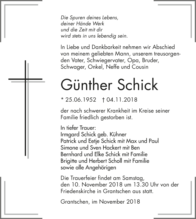  Traueranzeige für Günther Schick vom 07.11.2018 aus 