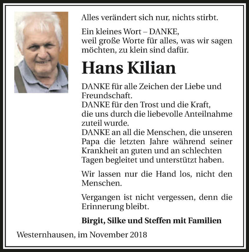  Traueranzeige für Hans Kilian vom 03.11.2018 aus 