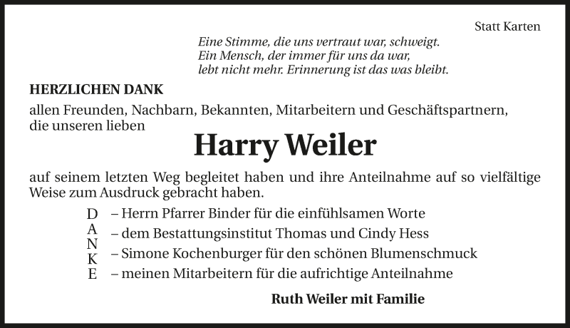  Traueranzeige für Harry Weiler vom 10.11.2018 aus 