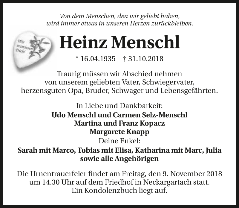  Traueranzeige für Heinz Menschl vom 03.11.2018 aus 