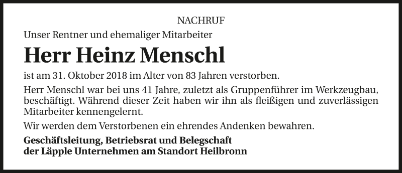  Traueranzeige für Heinz Menschl vom 22.11.2018 aus 