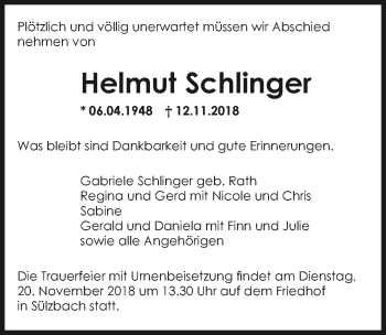 Traueranzeige von Helmut Schlinger 