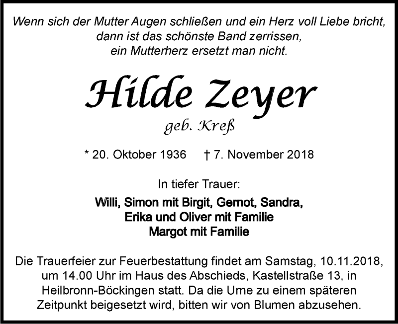  Traueranzeige für Hildegard Zeyer vom 08.11.2018 aus 