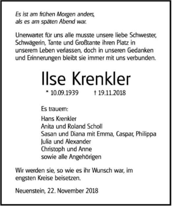 Traueranzeige von Ilse Krenkler 