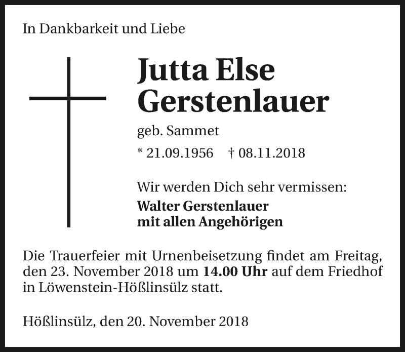  Traueranzeige für Jutta Else Gerstenlauer vom 20.11.2018 aus 
