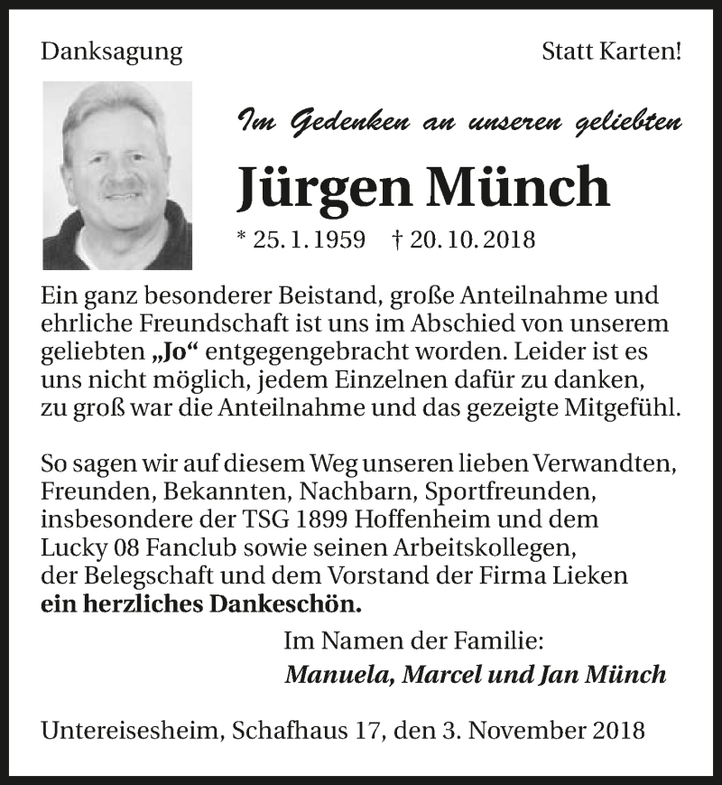  Traueranzeige für Jürgen Münch vom 03.11.2018 aus 