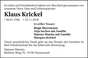 Traueranzeige von Klaus Krickel 