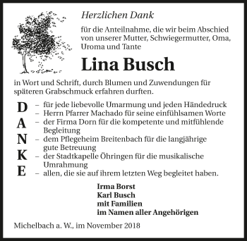 Traueranzeige von Lina Busch 