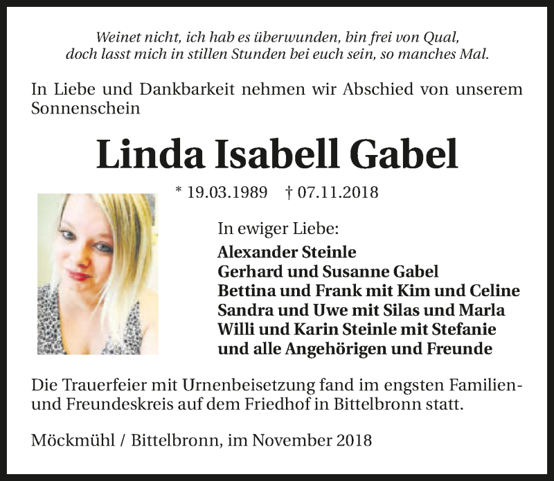  Traueranzeige für Linda Isabell Gabel vom 17.11.2018 aus 
