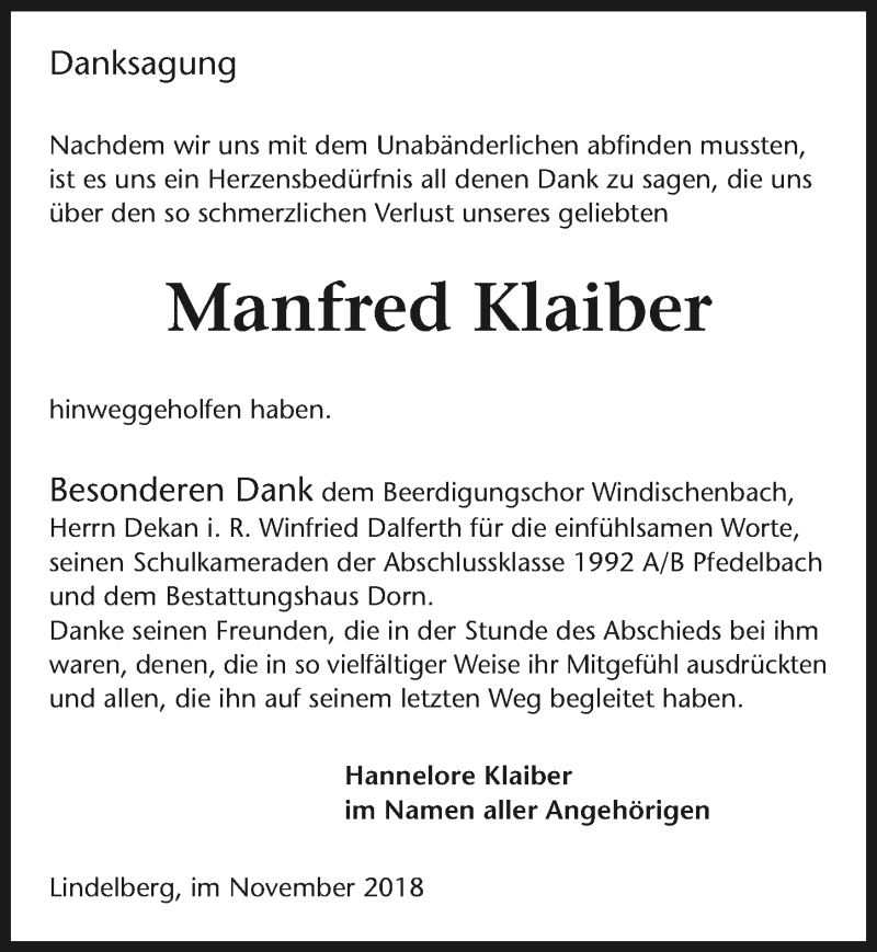  Traueranzeige für Manfred Klaiber vom 17.11.2018 aus 