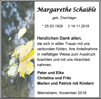 Traueranzeige von Margarethe Schaible 