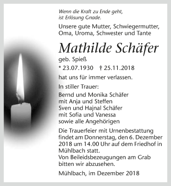 Traueranzeige von Mathilde Schäfer 