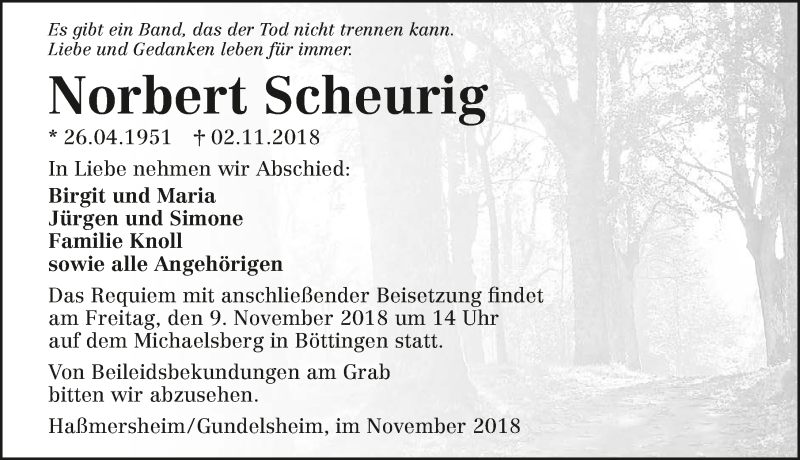  Traueranzeige für Norbert Scheurig vom 07.11.2018 aus 