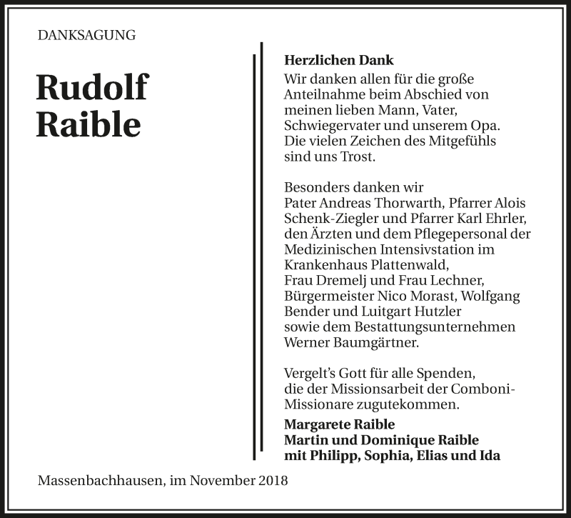  Traueranzeige für Rudolf Raible vom 28.11.2018 aus 