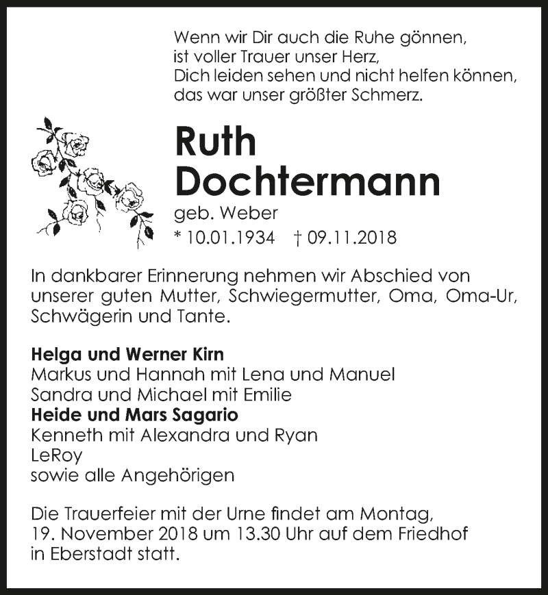  Traueranzeige für Ruth Dochtermann vom 14.11.2018 aus 
