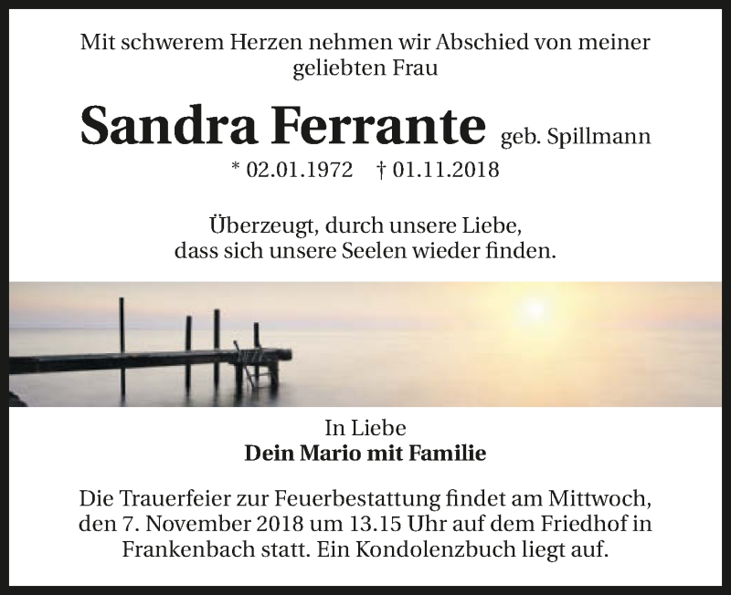  Traueranzeige für Sandra Ferrante vom 03.11.2018 aus 