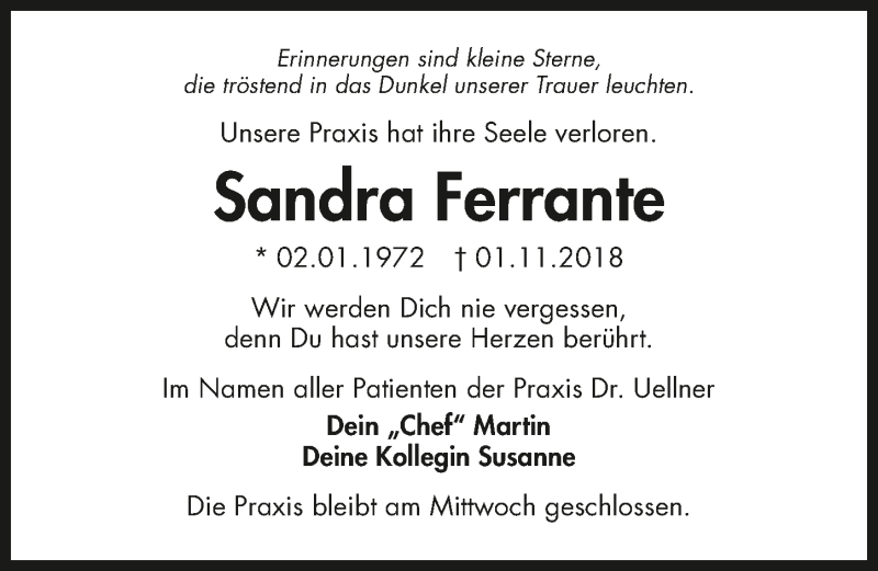  Traueranzeige für Sandra Ferrante vom 06.11.2018 aus 