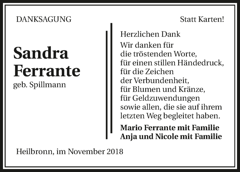  Traueranzeige für Sandra Ferrante vom 17.11.2018 aus 
