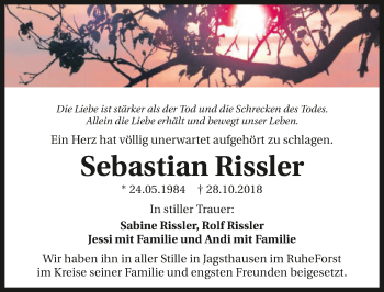 Traueranzeige von Sebastian Rissler 