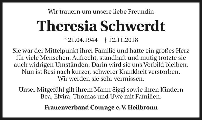  Traueranzeige für Theresia Schwerdt vom 22.11.2018 aus 