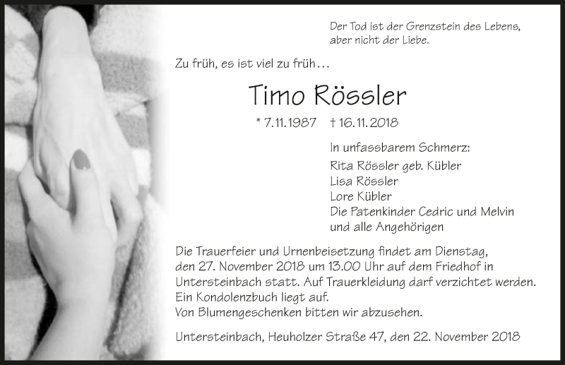  Traueranzeige für Timo Rössler vom 22.11.2018 aus 