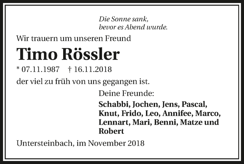  Traueranzeige für Timo Rössler vom 22.11.2018 aus 