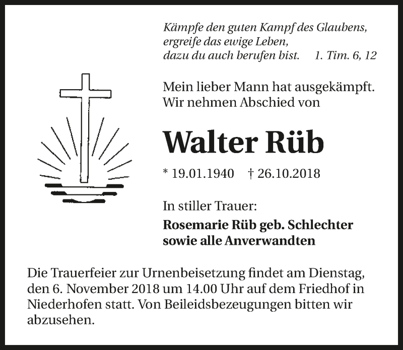  Traueranzeige für Walter Rüb vom 02.11.2018 aus 
