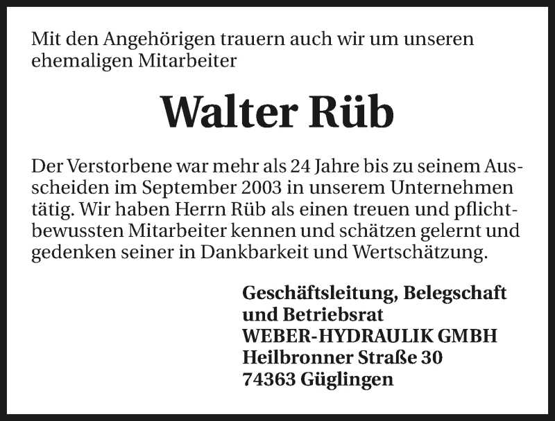  Traueranzeige für Walter Rüb vom 06.11.2018 aus 