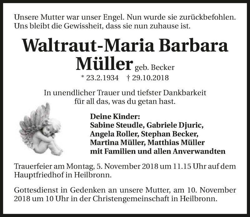  Traueranzeige für Waltraut Barbara Müller vom 03.11.2018 aus 