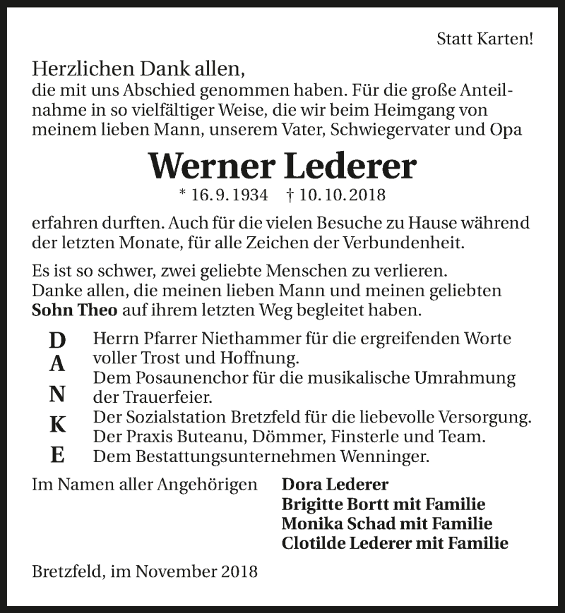  Traueranzeige für Werner Lederer vom 10.11.2018 aus 