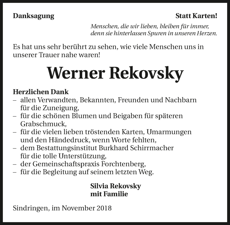  Traueranzeige für Werner Rekovsky vom 10.11.2018 aus 