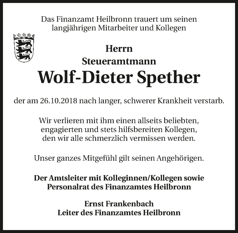  Traueranzeige für Wolf-Dieter Spether vom 06.11.2018 aus 