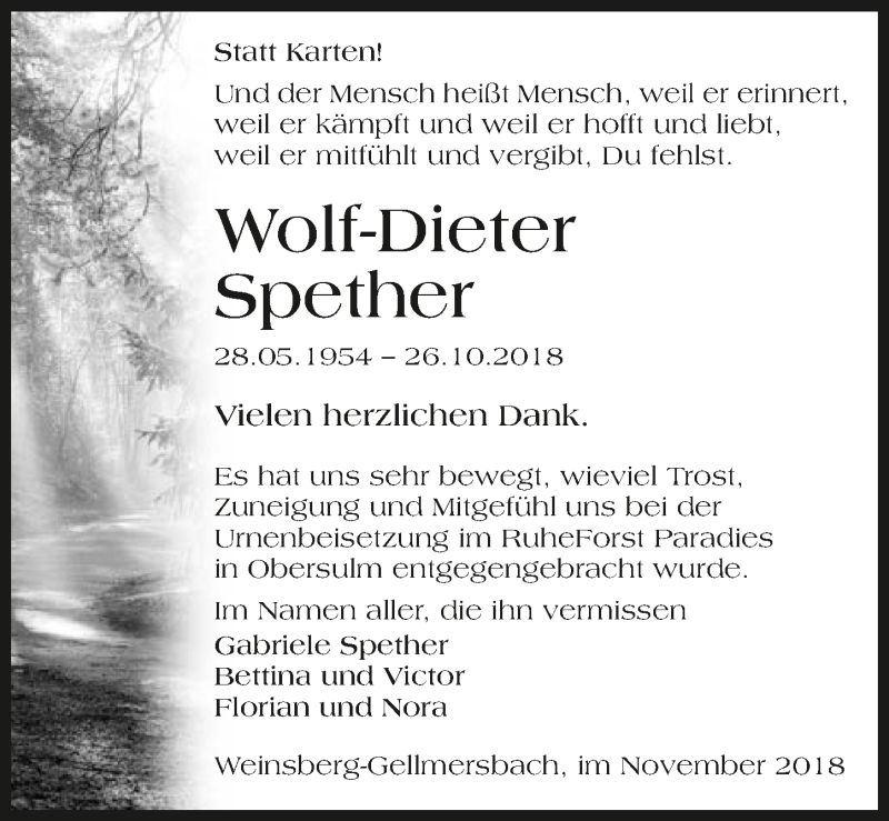  Traueranzeige für Wolf-Dieter Spether vom 24.11.2018 aus 