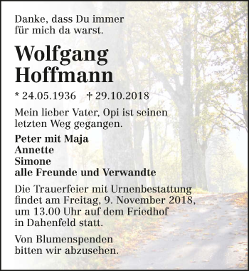 Traueranzeige von Wolfgang Hoffmann 