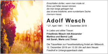 Traueranzeige von Adolf Wesch 