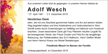 Traueranzeige von Adolf Wesch
