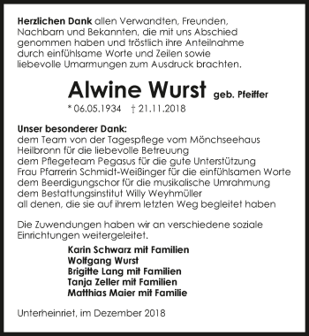 Traueranzeige von Alwine Wurst 