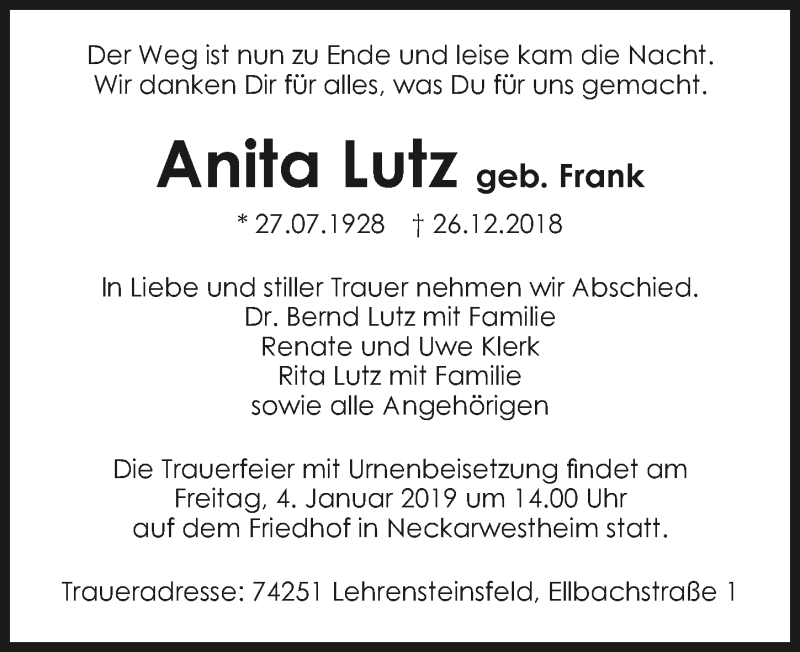  Traueranzeige für Anita Lutz vom 29.12.2018 aus 