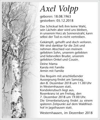 Traueranzeige von Axel Volpp 