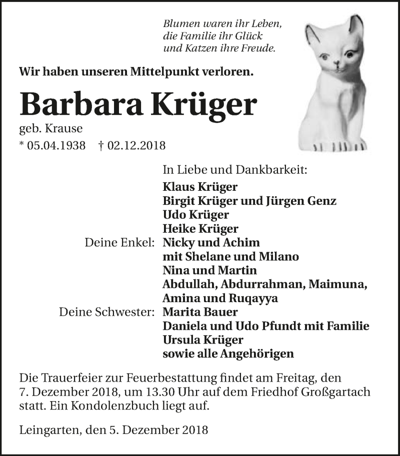  Traueranzeige für Barbara Krüger vom 05.12.2018 aus 