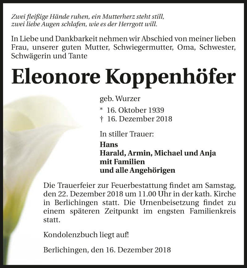 Traueranzeige für Eleonore Koppenhöfer vom 19.12.2018 aus 