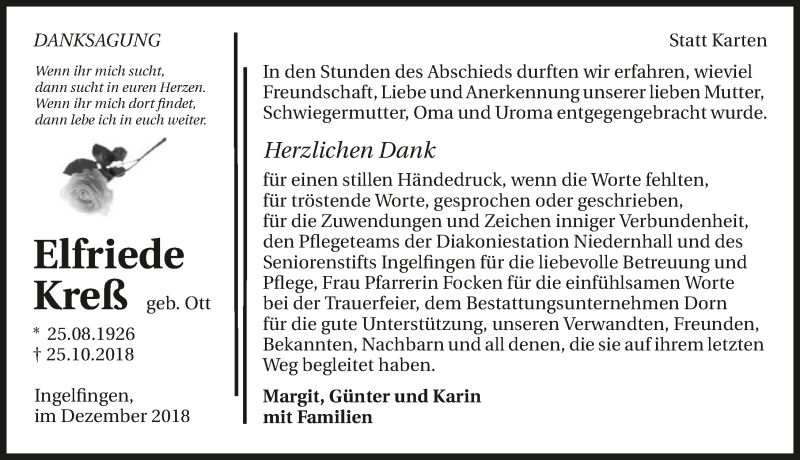  Traueranzeige für Elfriede Kreß vom 04.12.2018 aus 