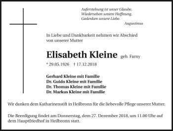 Traueranzeige von Elisabeth Kleine 