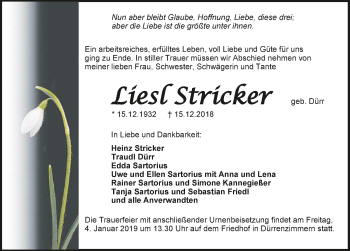 Traueranzeige von Elisabeth Stricker 