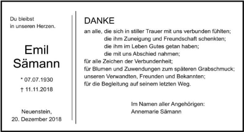  Traueranzeige für Emil Sämann vom 20.12.2018 aus 