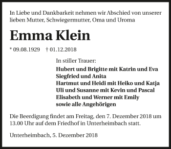Traueranzeige von Emma Klein 