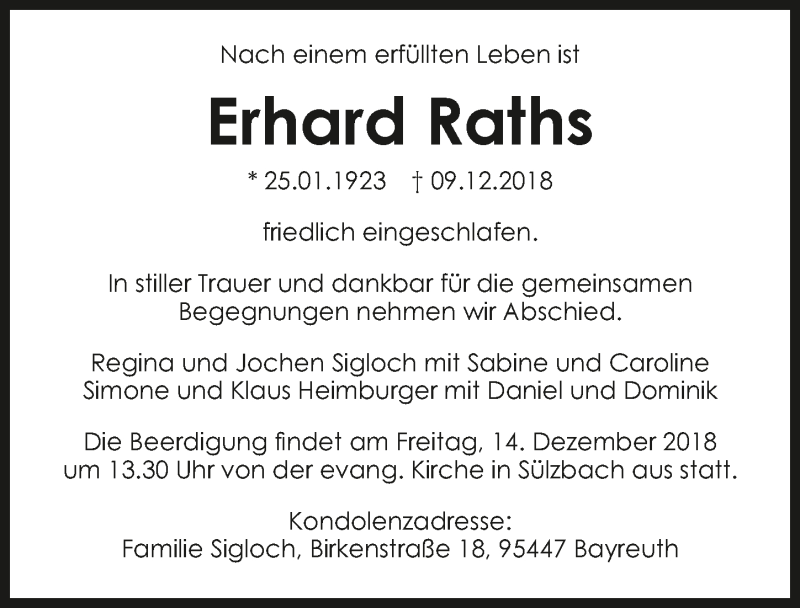  Traueranzeige für Erhard Raths vom 12.12.2018 aus 