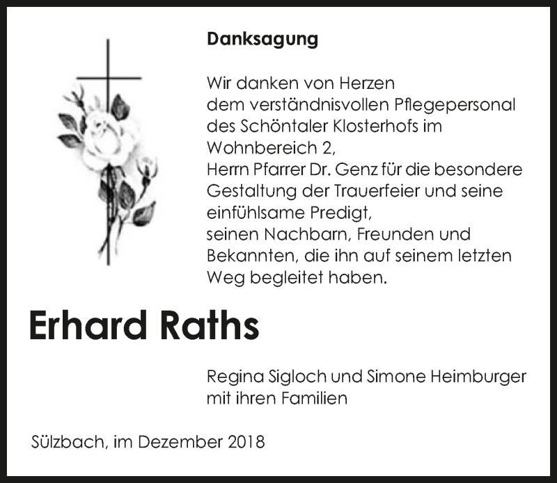  Traueranzeige für Erhard Raths vom 22.12.2018 aus 